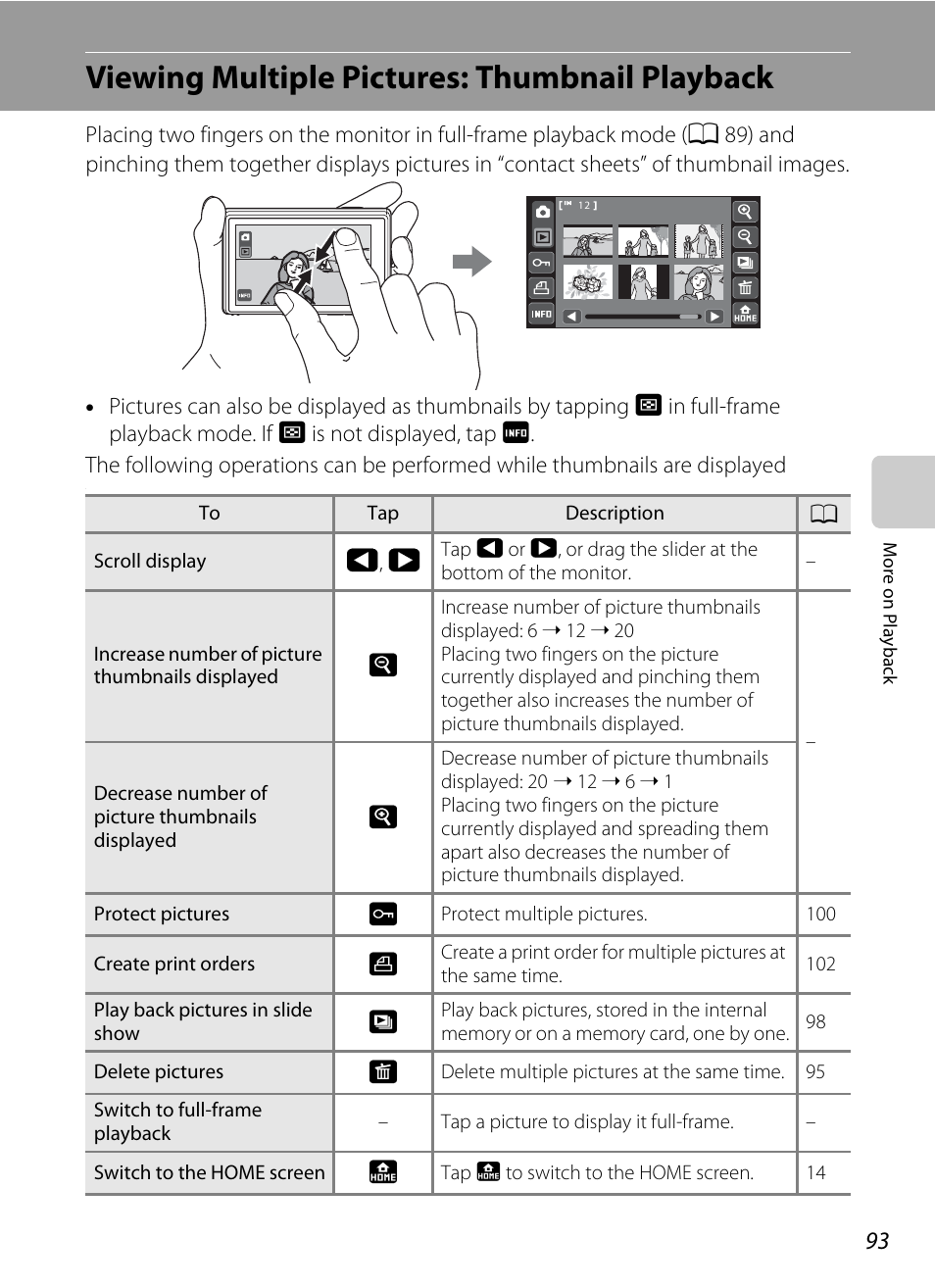 Viewing multiple pictures: thumbnail playback, A 93) | Nikon S70 User Manual | Page 105 / 192