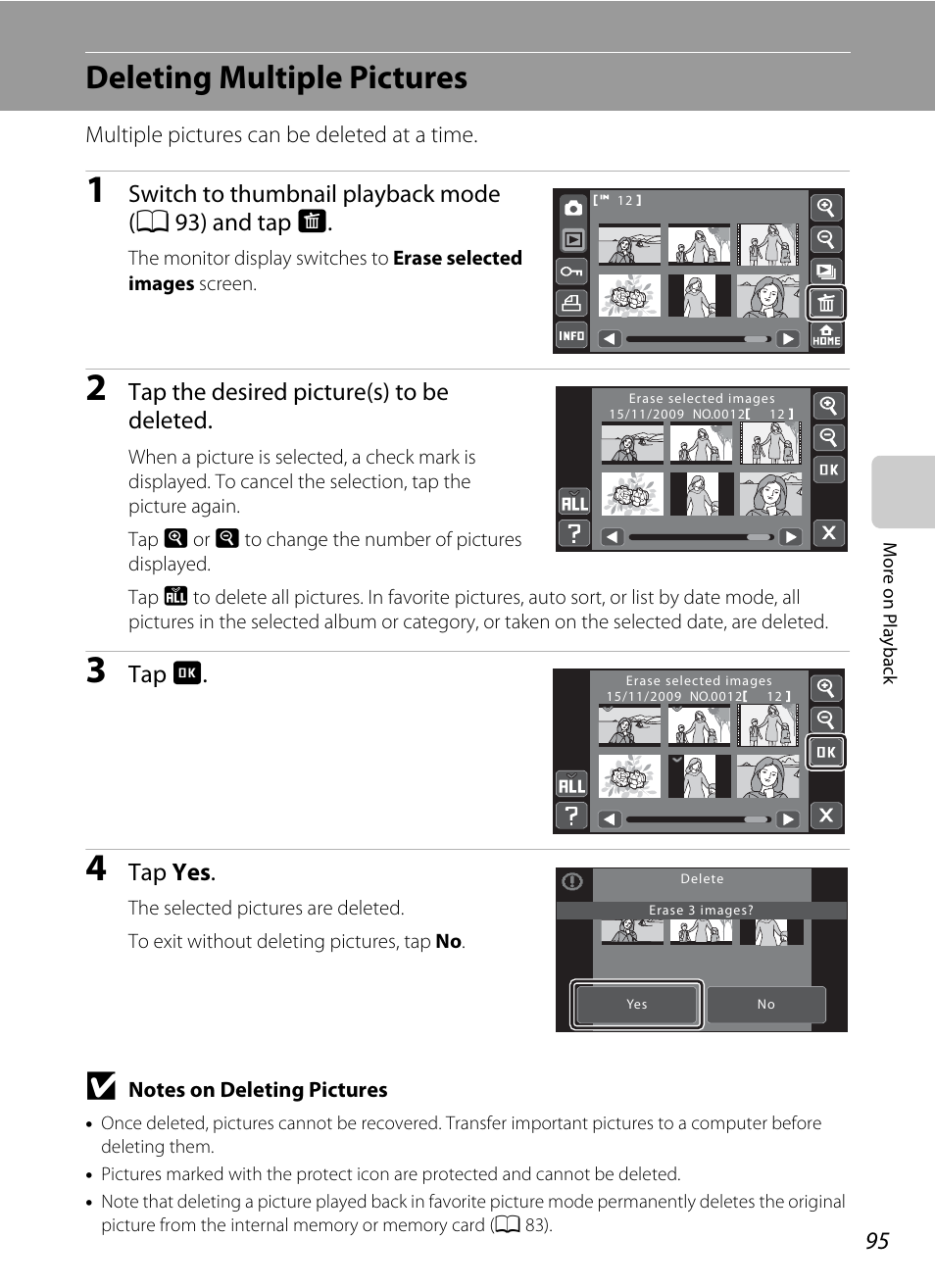 Deleting multiple pictures, A 95), Tap the desired picture(s) to be deleted | Tap z, Tap yes | Nikon S70 User Manual | Page 107 / 192