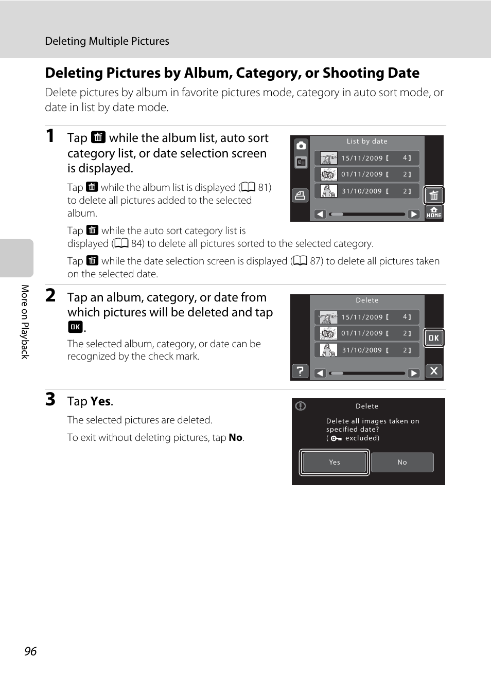 A 96), Tap yes | Nikon S70 User Manual | Page 108 / 192