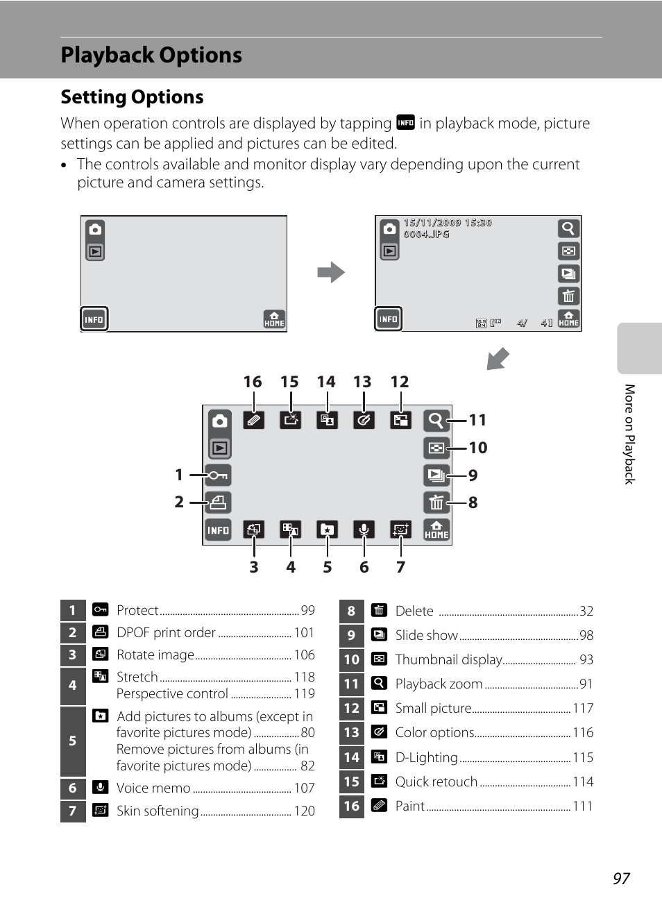 Playback options, Setting options, A 97) and editing | Nikon S70 User Manual | Page 109 / 192