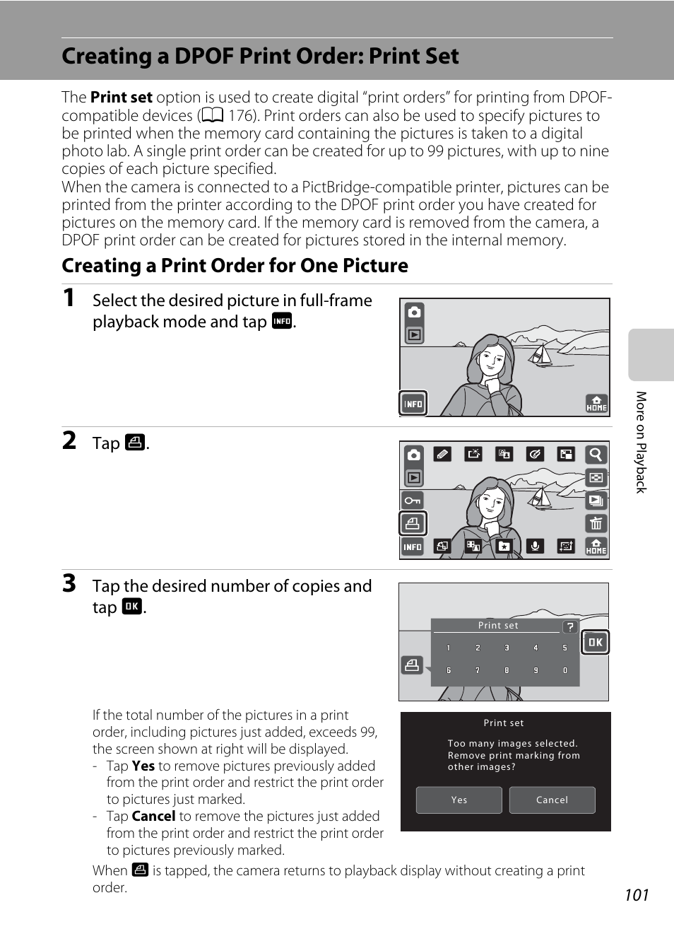 Creating a dpof print order: print set, Creating a print order for one picture, A 101) | Nikon S70 User Manual | Page 113 / 192