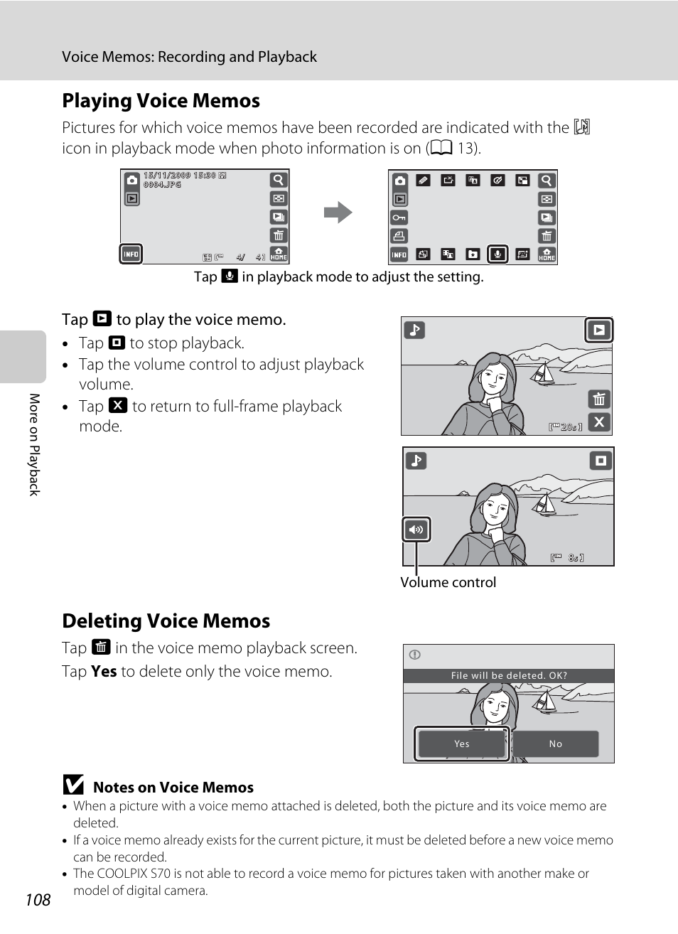 Playing voice memos, Deleting voice memos, Playing voice memos deleting voice memos | Nikon S70 User Manual | Page 120 / 192