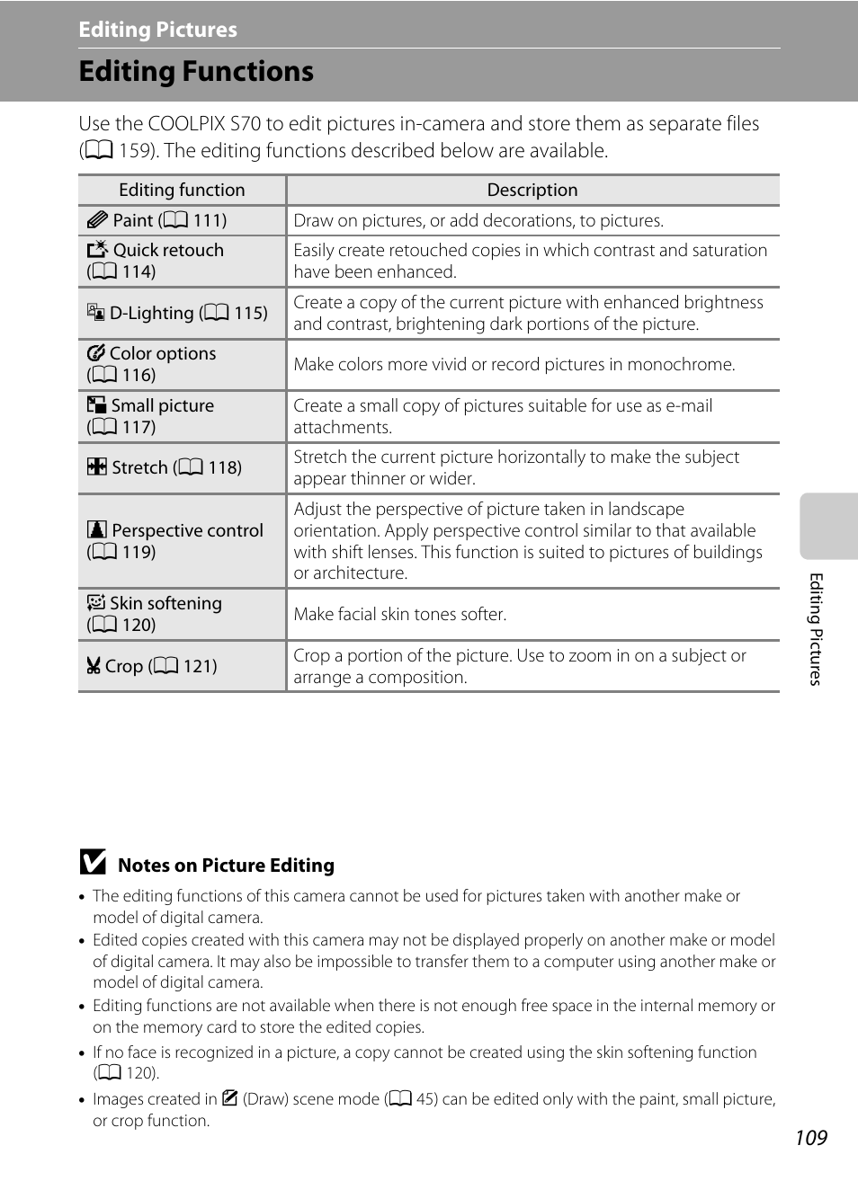 Editing pictures, Editing functions, A 109) | Picture | Nikon S70 User Manual | Page 121 / 192