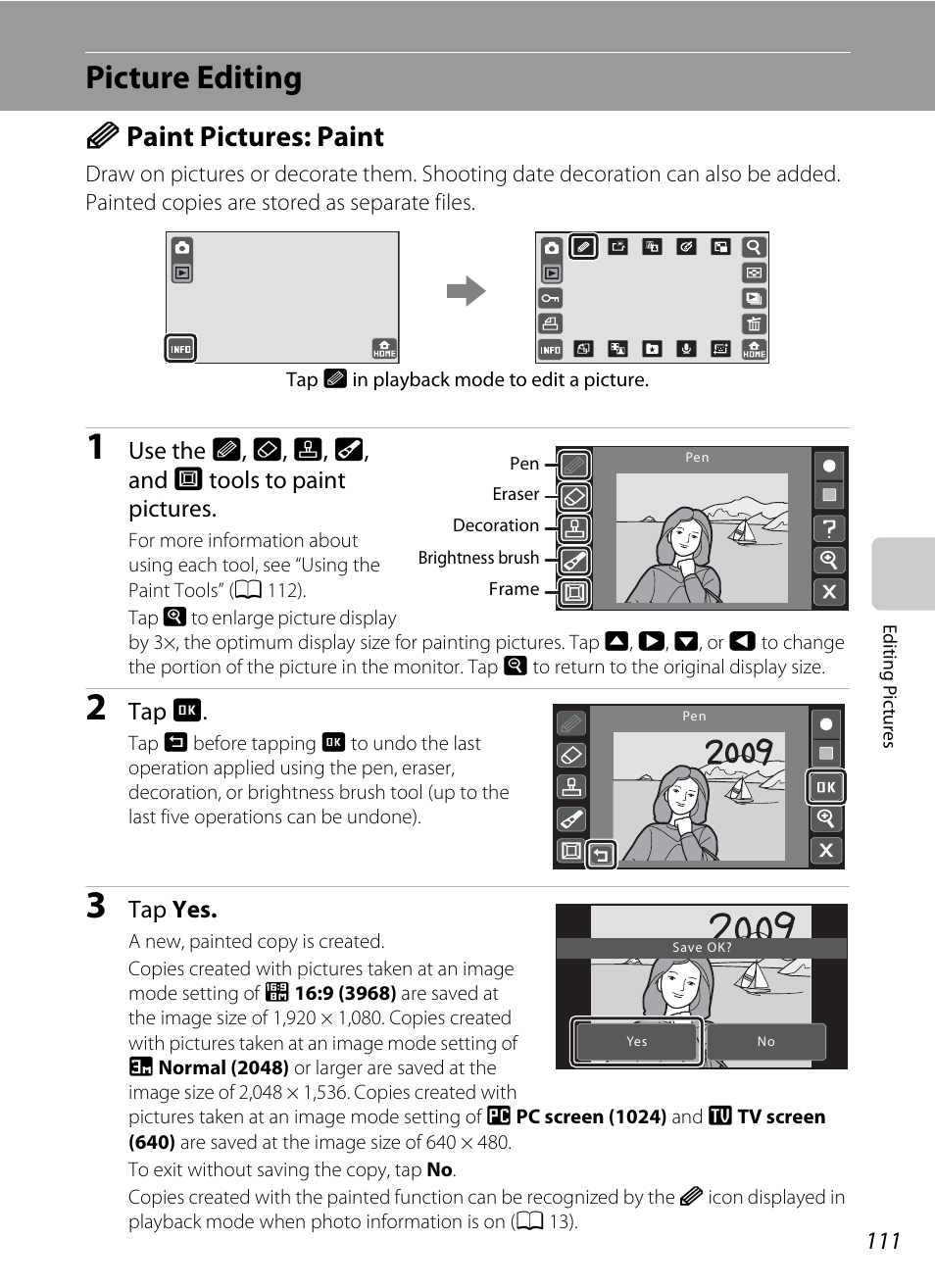 Picture editing, Paint pictures: paint, D paint pictures: paint | A 111) | Nikon S70 User Manual | Page 123 / 192