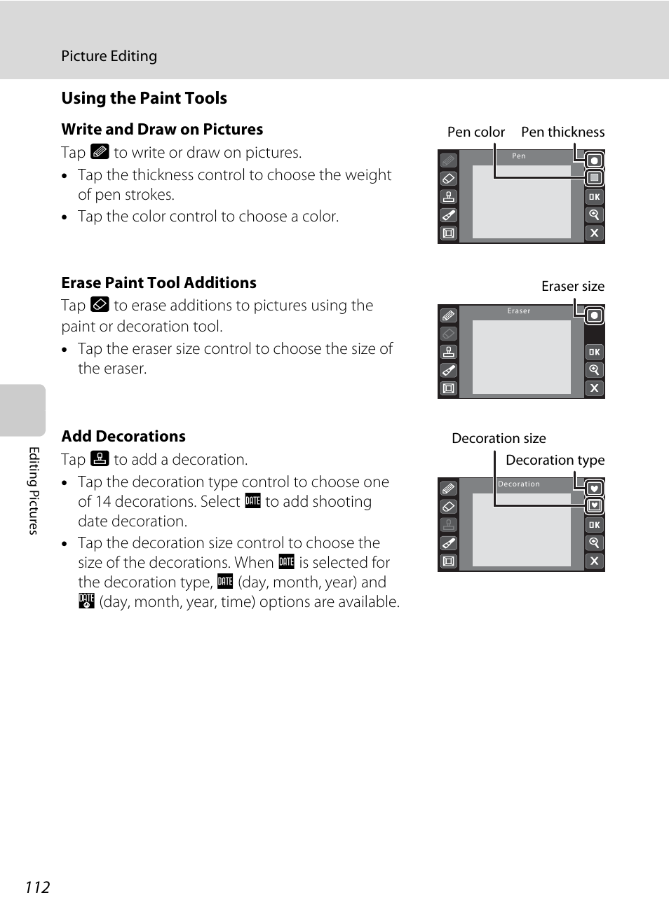 E “using the paint tools, A 112), Using the paint tools | Nikon S70 User Manual | Page 124 / 192