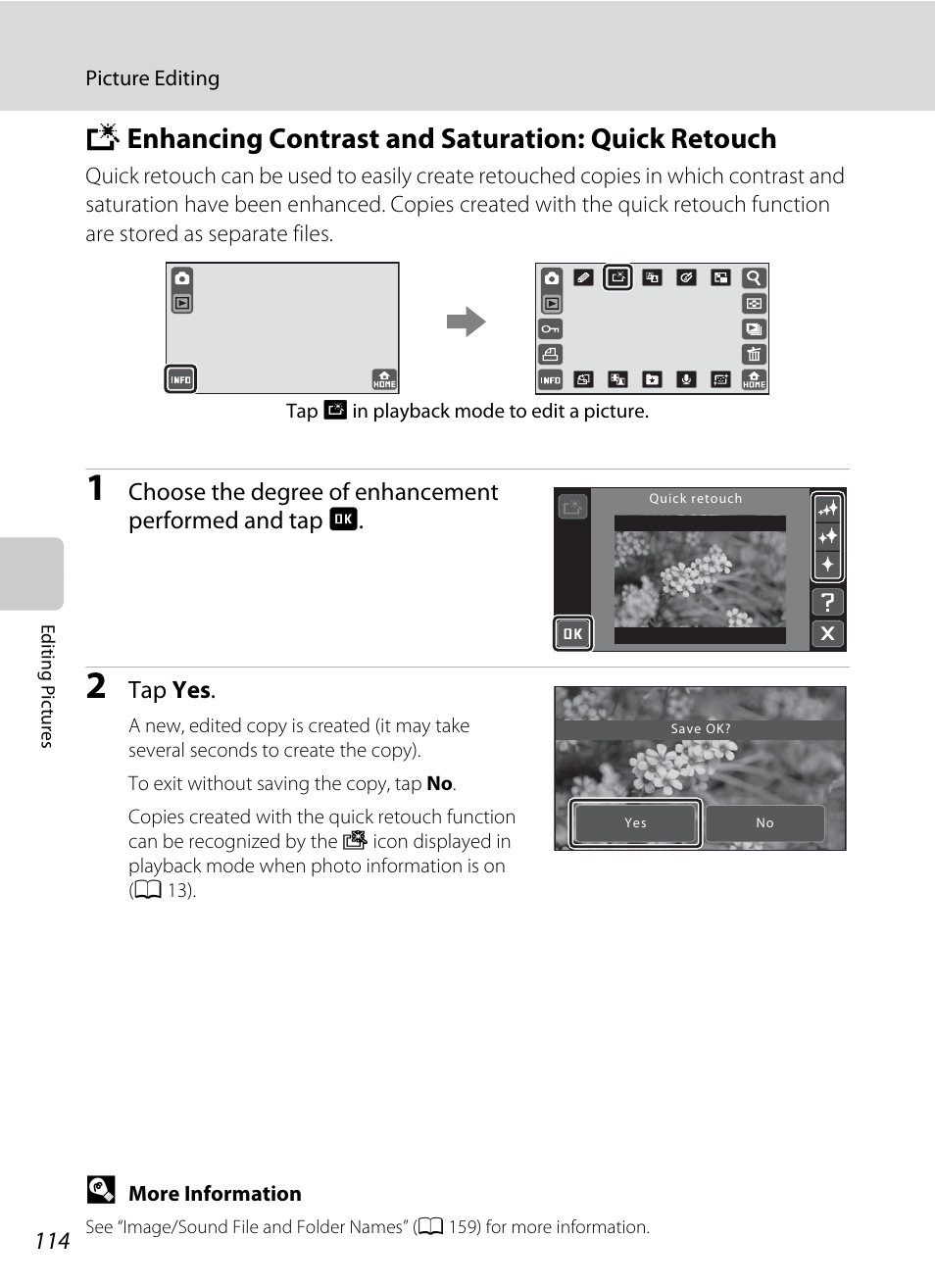 Enhancing contrast and saturation: quick retouch, K enhancing contrast and saturation: quick retouch, A 114) | Nikon S70 User Manual | Page 126 / 192