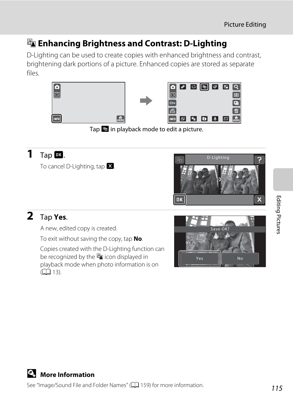 Enhancing brightness and contrast: d-lighting, C enhancing brightness and contrast: d-lighting, D-lighting | A 115) | Nikon S70 User Manual | Page 127 / 192