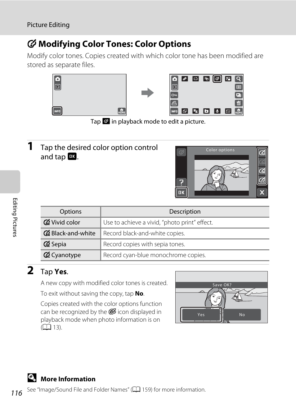 Modifying color tones: color options, F modifying color tones: color options, A 116) | Nikon S70 User Manual | Page 128 / 192