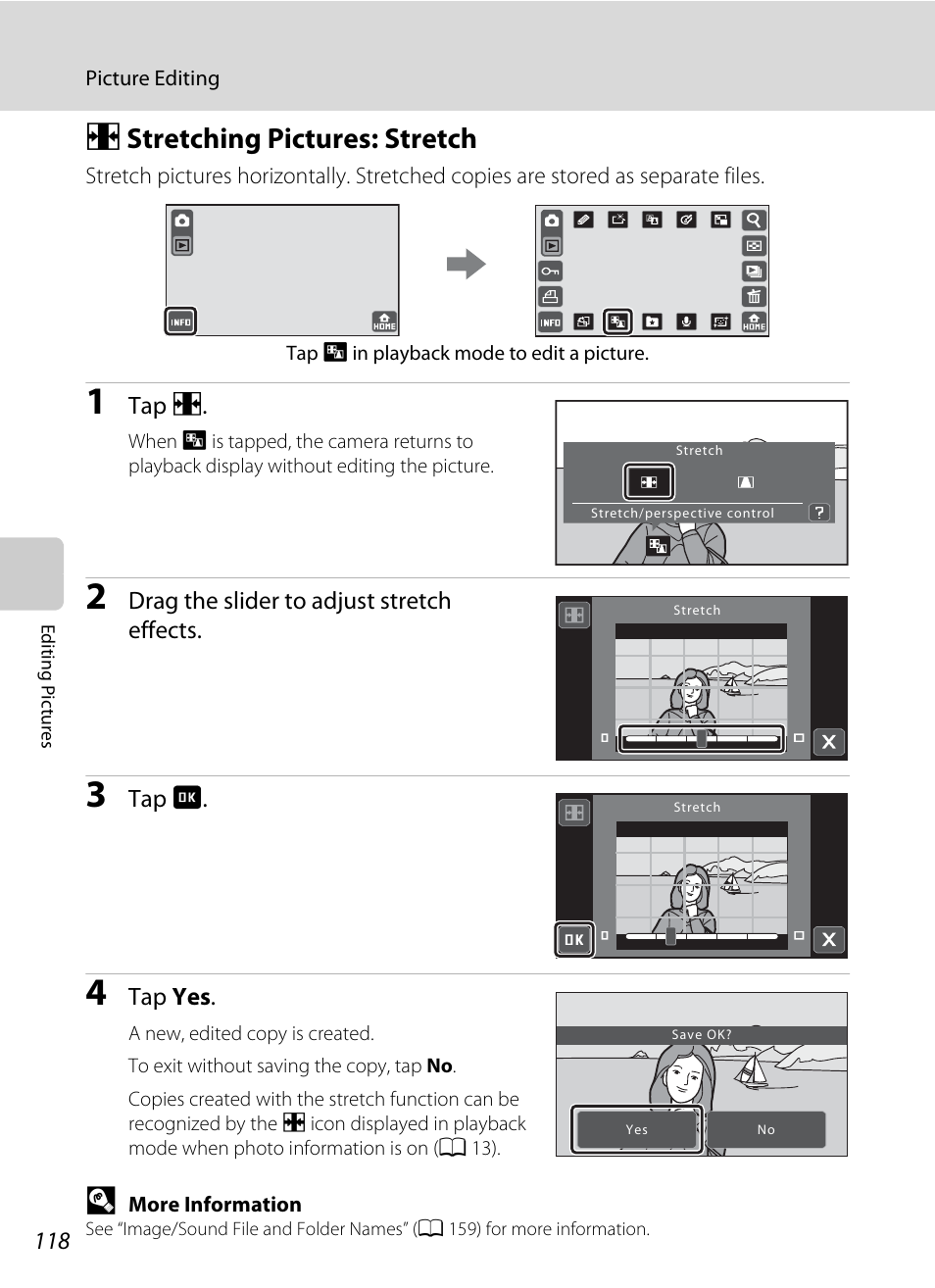 Stretching pictures: stretch, F stretching pictures: stretch, A 118) | Nikon S70 User Manual | Page 130 / 192