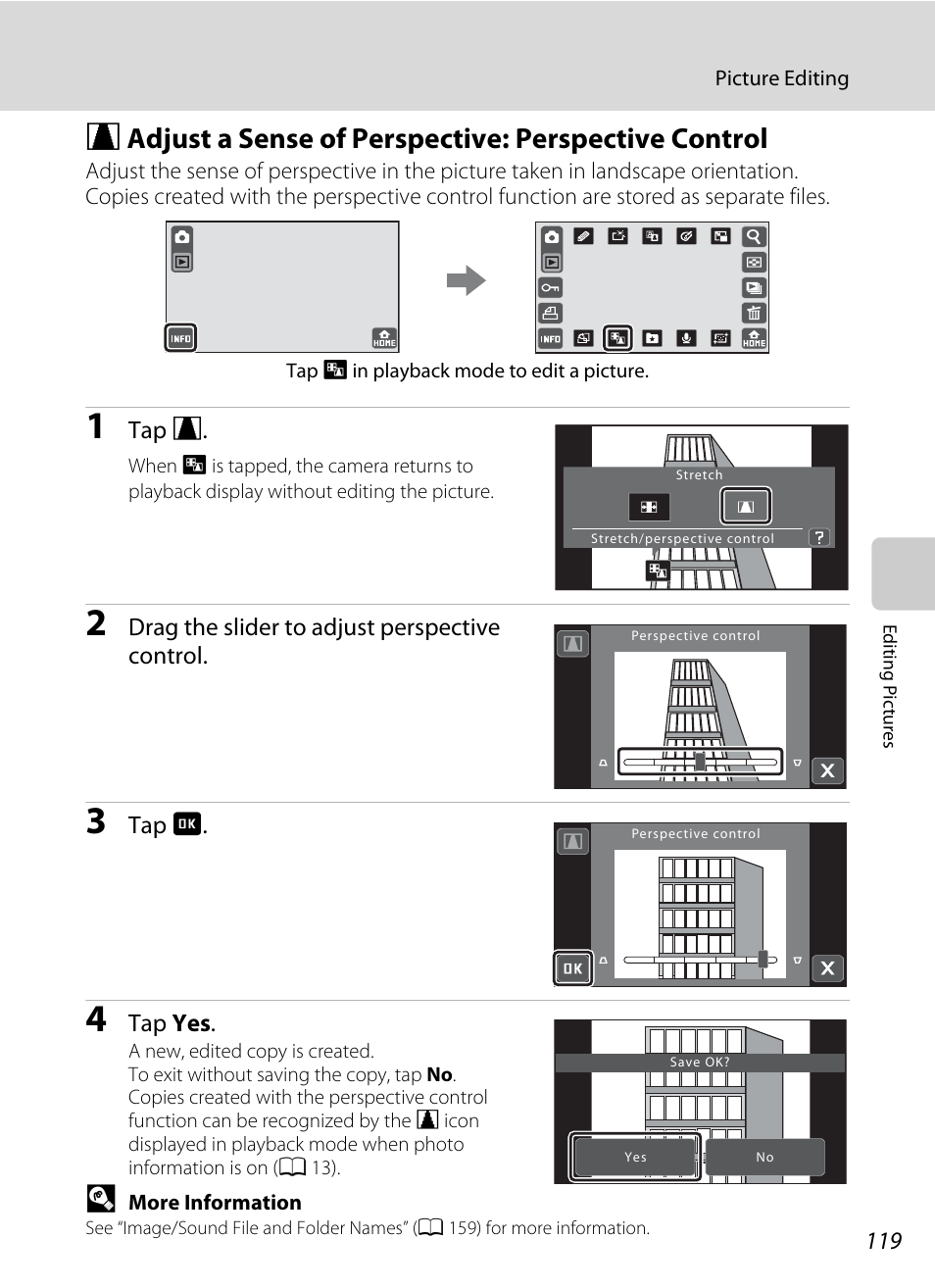 Adjust a sense of perspective: perspective control, A 119) | Nikon S70 User Manual | Page 131 / 192