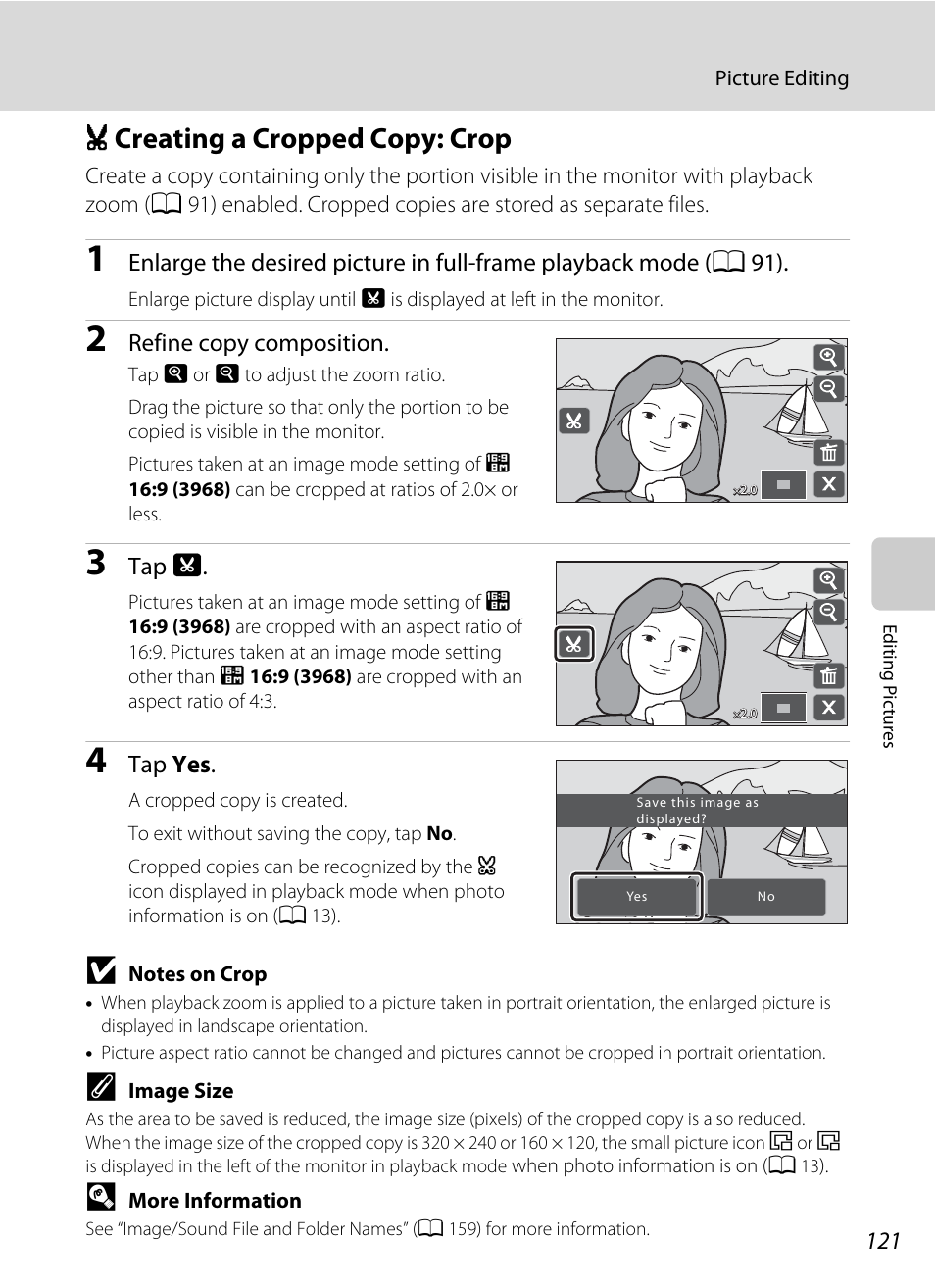 Creating a cropped copy: crop, A 121), U creating a cropped copy: crop | Refine copy composition, Tap c, Tap yes | Nikon S70 User Manual | Page 133 / 192