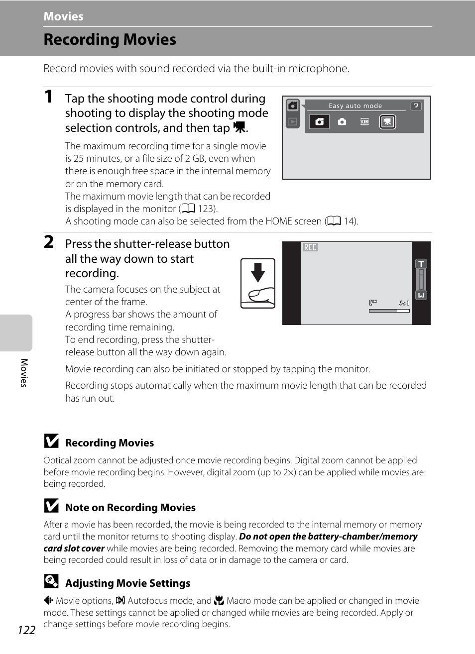 Movies, Recording movies, D movies | A 122, A 122) | Nikon S70 User Manual | Page 134 / 192