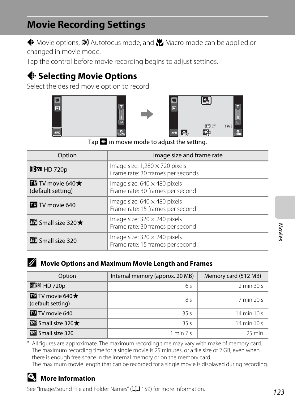 Movie recording settings, Selecting movie options, A selecting movie options | Nikon S70 User Manual | Page 135 / 192