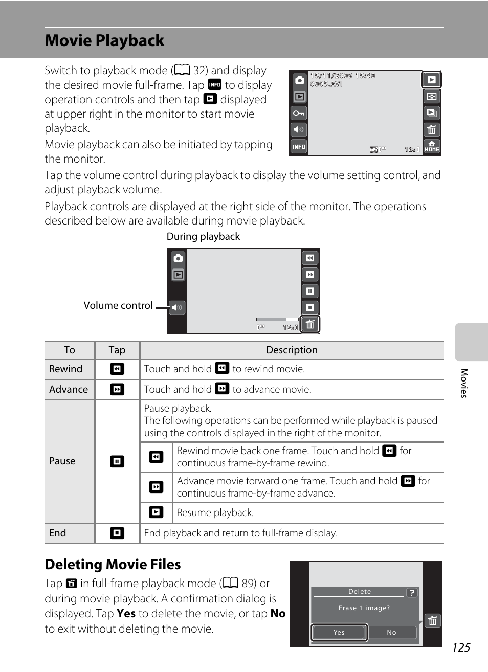 Movie playback, Deleting movie files | Nikon S70 User Manual | Page 137 / 192