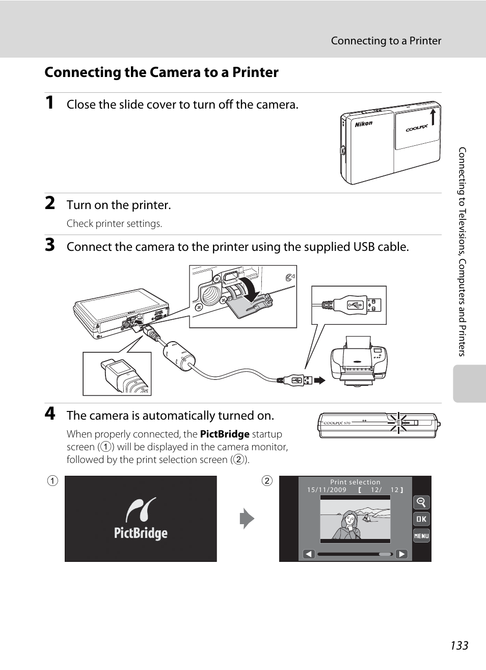 Connecting the camera to a printer, A 133) | Nikon S70 User Manual | Page 145 / 192