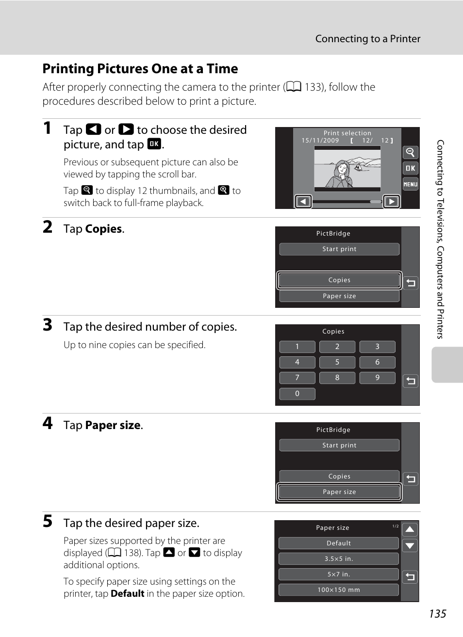 Printing pictures one at a time, A 135), Tap copies | Tap the desired number of copies, Tap paper size, Tap the desired paper size | Nikon S70 User Manual | Page 147 / 192