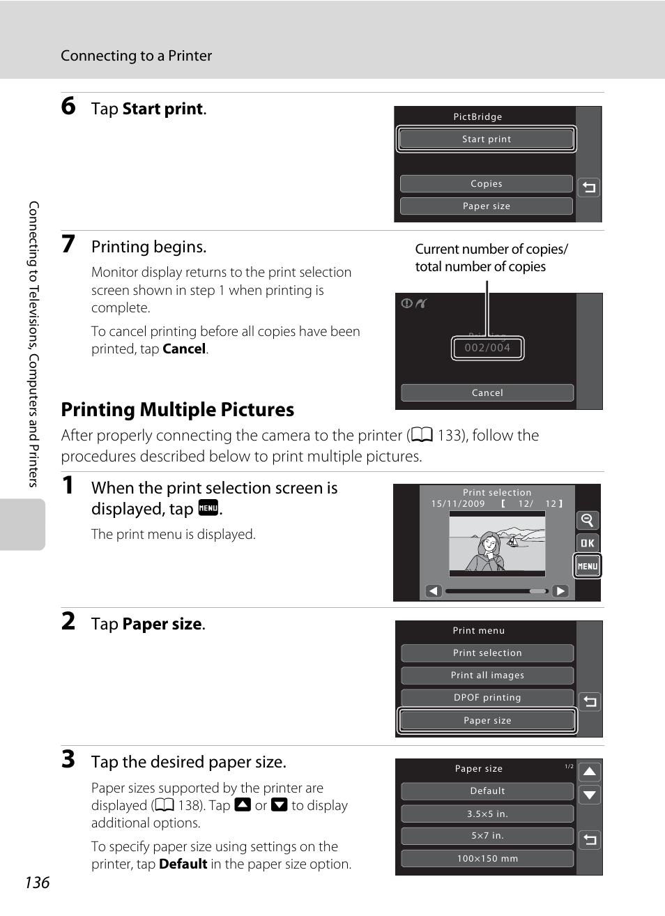 Printing multiple pictures, A 136), Tap start print | Printing begins, Tap paper size, Tap the desired paper size | Nikon S70 User Manual | Page 148 / 192