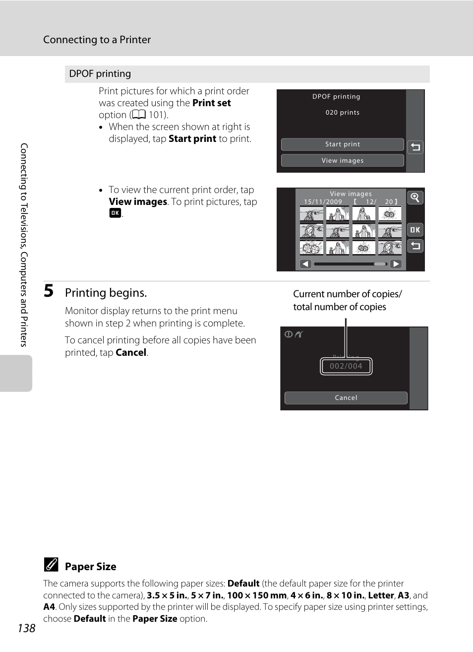 A 138), Printing begins | Nikon S70 User Manual | Page 150 / 192