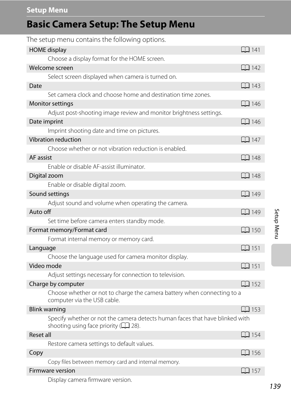 Setup menu, Basic camera setup: the setup menu, A 139) | Nikon S70 User Manual | Page 151 / 192
