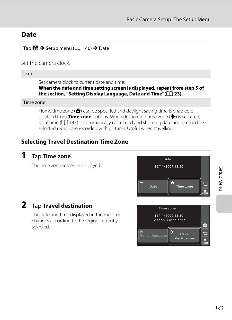 Date, A 143, Selecting travel destination time zone | Tap time zone, Tap travel destination | Nikon S70 User Manual | Page 155 / 192