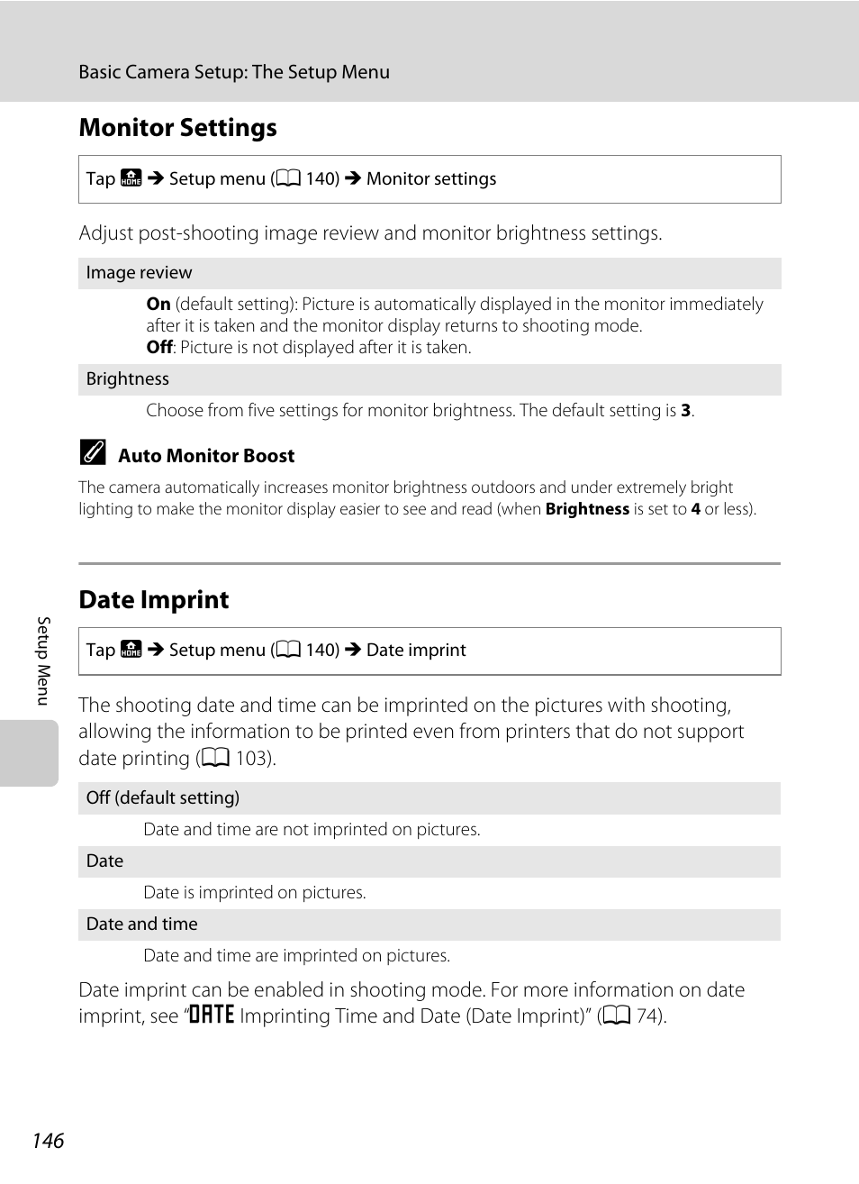 Monitor settings, Date imprint, Monitor settings date imprint | A 146) i, A 146), 74, 146), pi, A 146 | Nikon S70 User Manual | Page 158 / 192