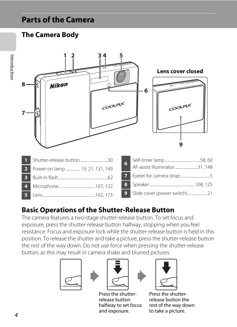 Parts of the camera, The camera body, Basic operations of the shutter-release button | Nikon S70 User Manual | Page 16 / 192