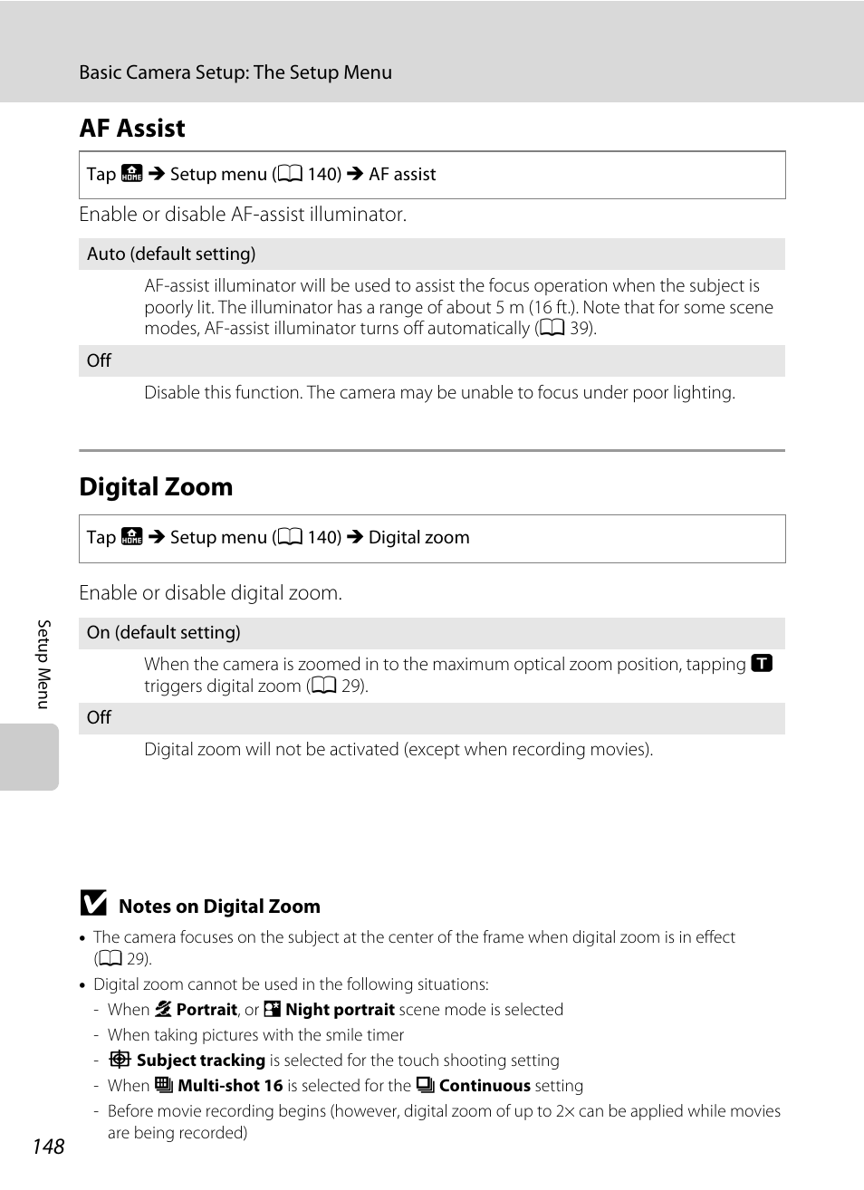 Af assist, Digital zoom, Af assist digital zoom | A 148) in, A 148) may l, A 148), A 148 | Nikon S70 User Manual | Page 160 / 192