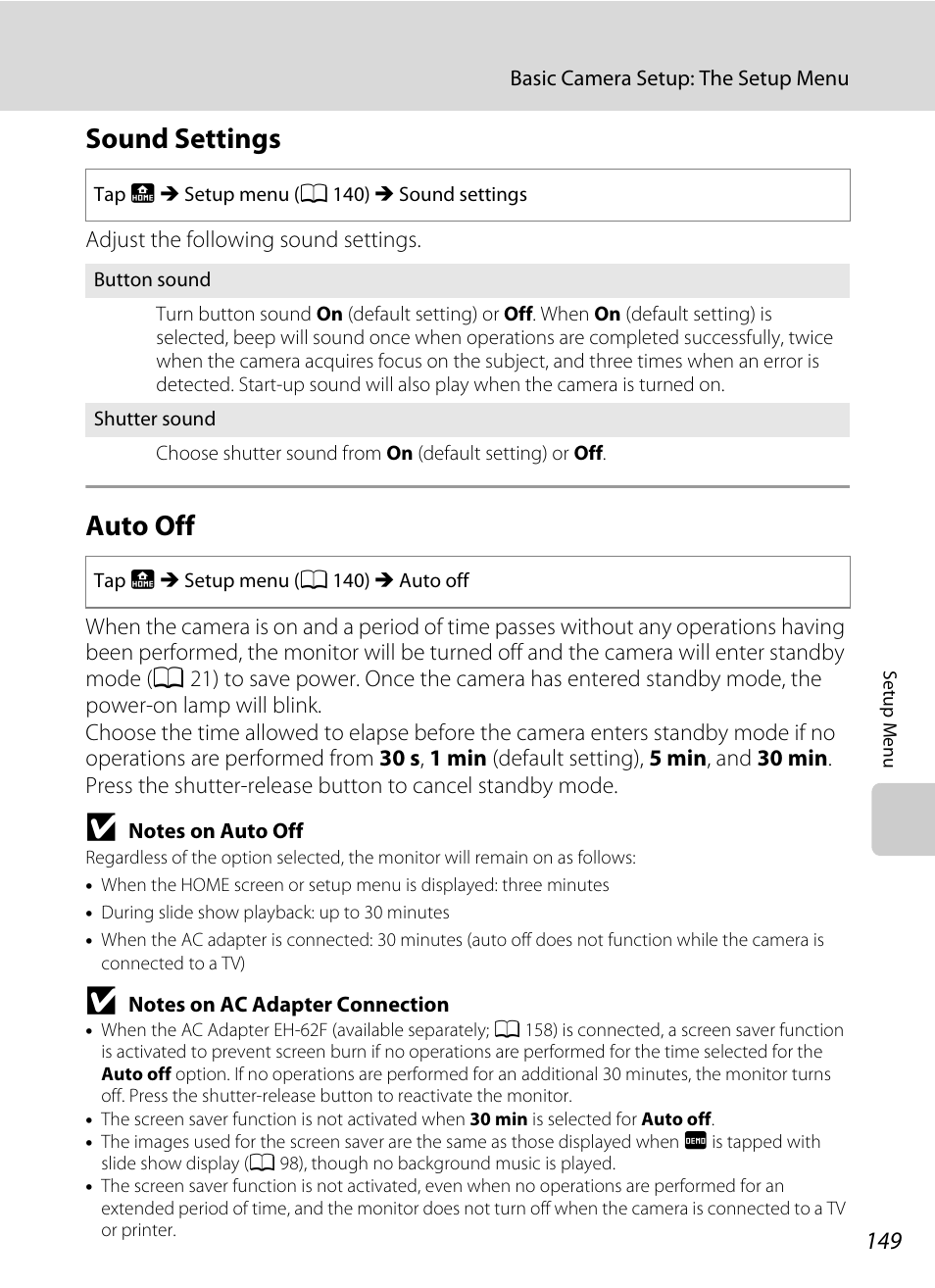 Sound settings, Auto off, Sound settings auto off | A 149), A 149, A 149) duri | Nikon S70 User Manual | Page 161 / 192