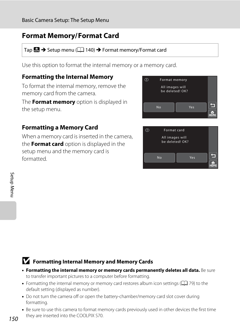 Format memory/ format card, Format memory/format card, A 150). note | A 150), A 150 | Nikon S70 User Manual | Page 162 / 192