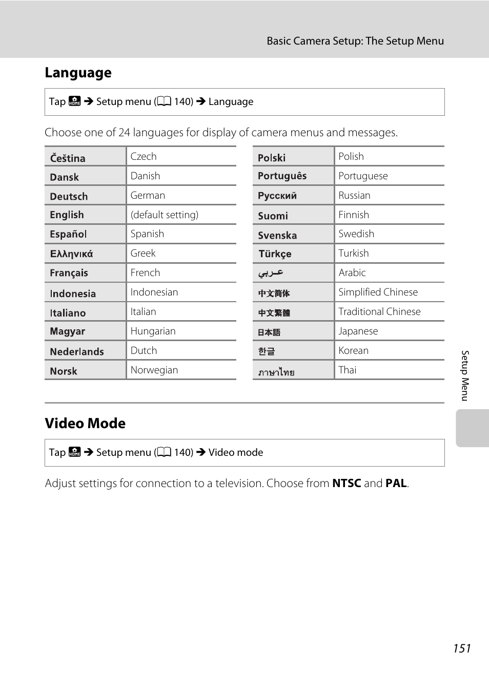Language, Video mode, Language video mode | A 151 | Nikon S70 User Manual | Page 163 / 192