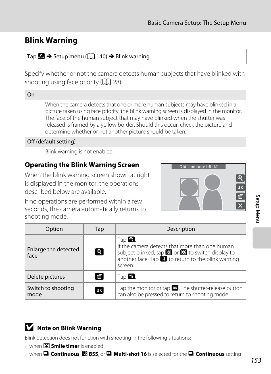 Blink warning, A 153 | Nikon S70 User Manual | Page 165 / 192