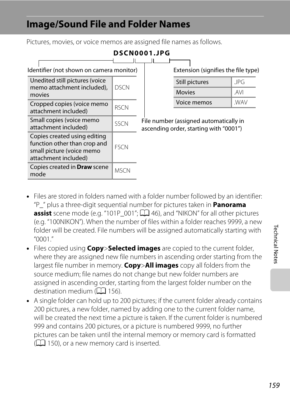 Image/sound file and folder names, A 159) for, A 159) | A 159). the editing f, A 159) fro | Nikon S70 User Manual | Page 171 / 192