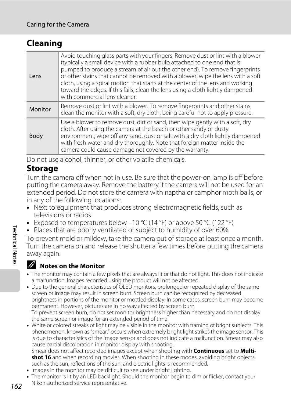 Cleaning, Storage, Cleaning storage | A 162) | Nikon S70 User Manual | Page 174 / 192