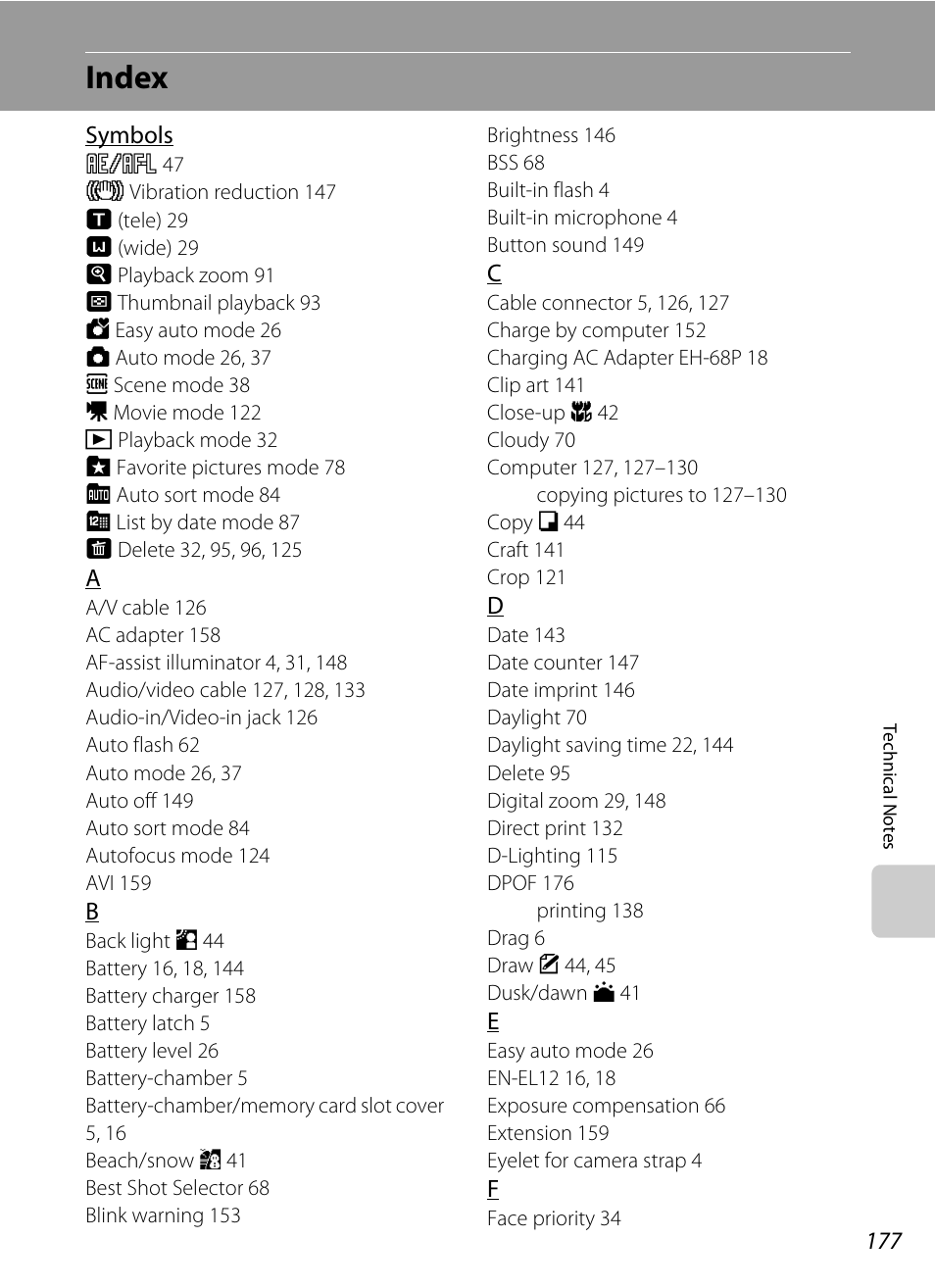 Index | Nikon S70 User Manual | Page 189 / 192