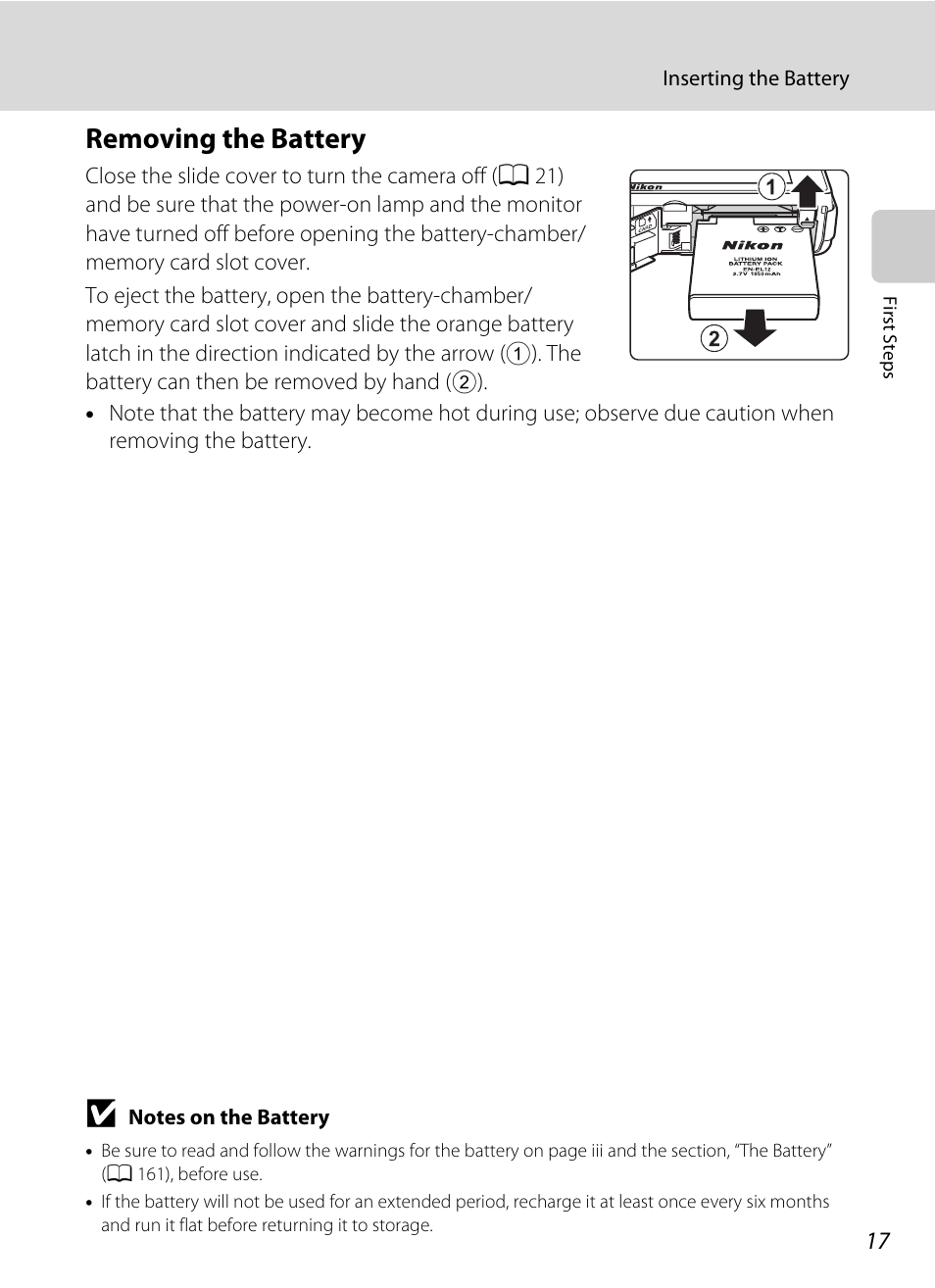 Removing the battery | Nikon S70 User Manual | Page 29 / 192