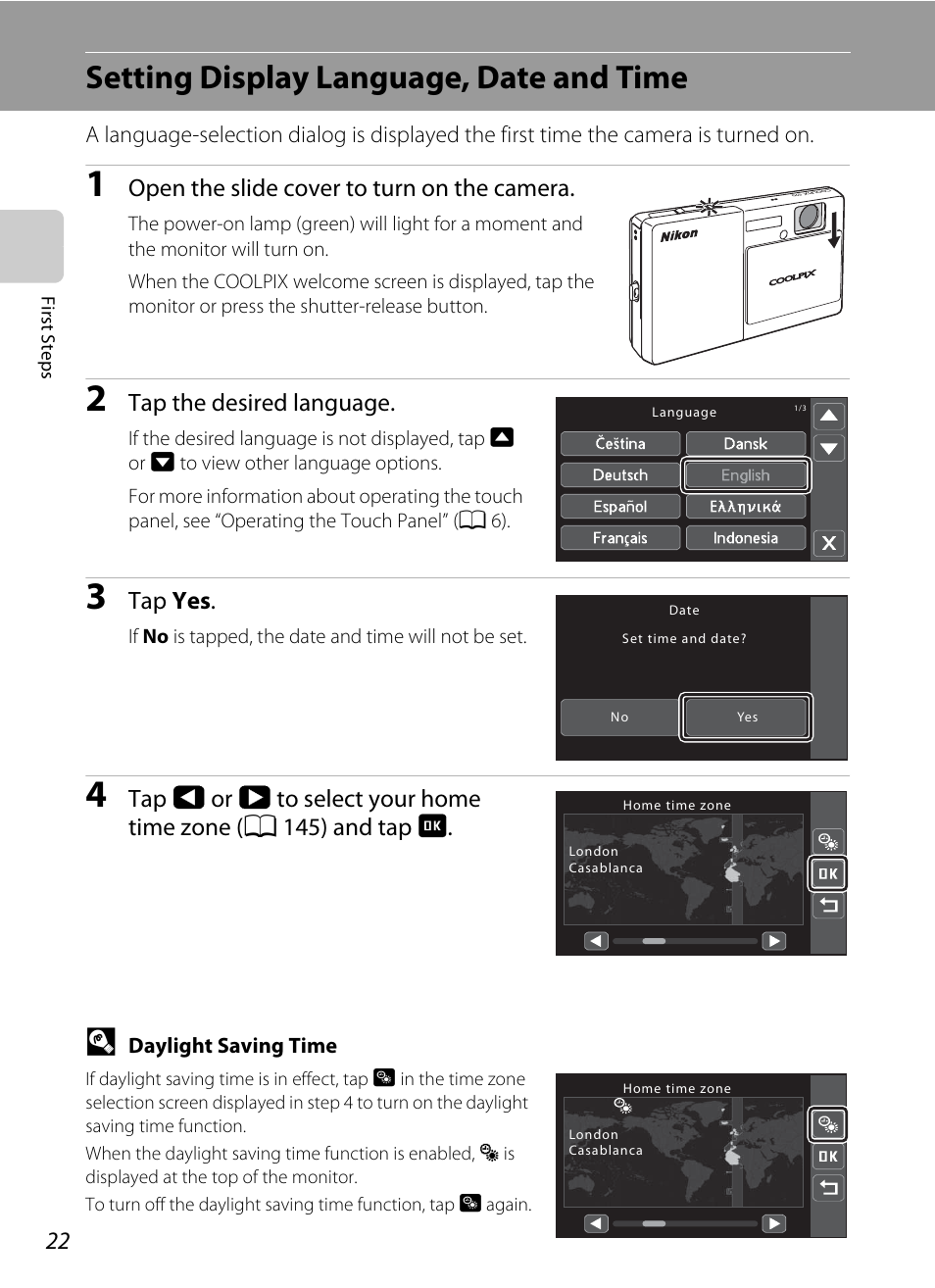 Setting display language, date and time | Nikon S70 User Manual | Page 34 / 192