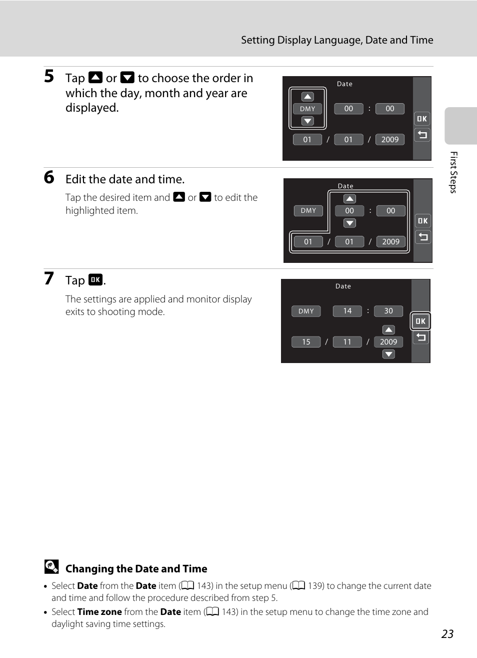 Edit the date and time, Tap z | Nikon S70 User Manual | Page 35 / 192