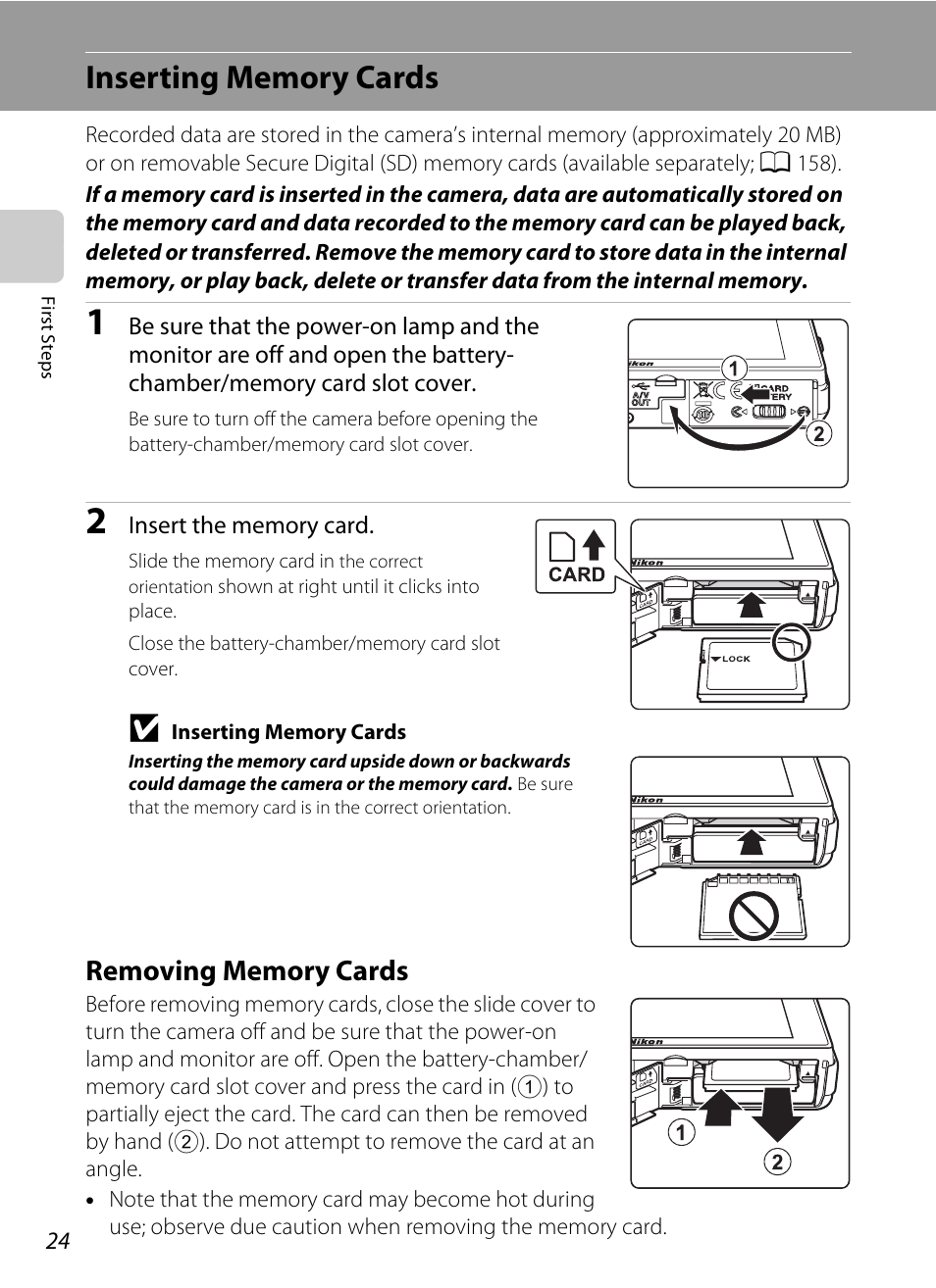 Inserting memory cards, Removing memory cards | Nikon S70 User Manual | Page 36 / 192