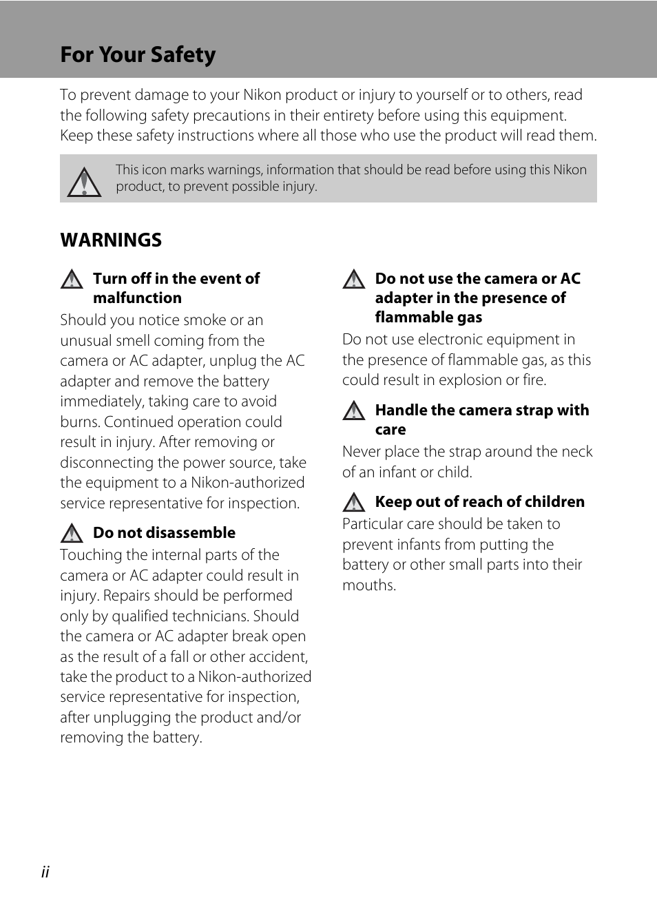 For your safety, Warnings | Nikon S70 User Manual | Page 4 / 192