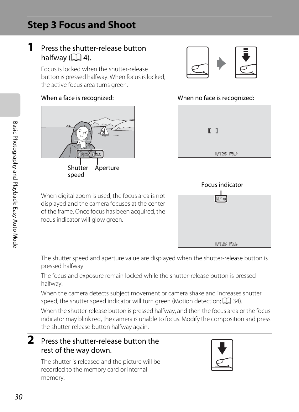 Step 3 focus and shoot, Press the shutter-release button halfway ( a 4) | Nikon S70 User Manual | Page 42 / 192