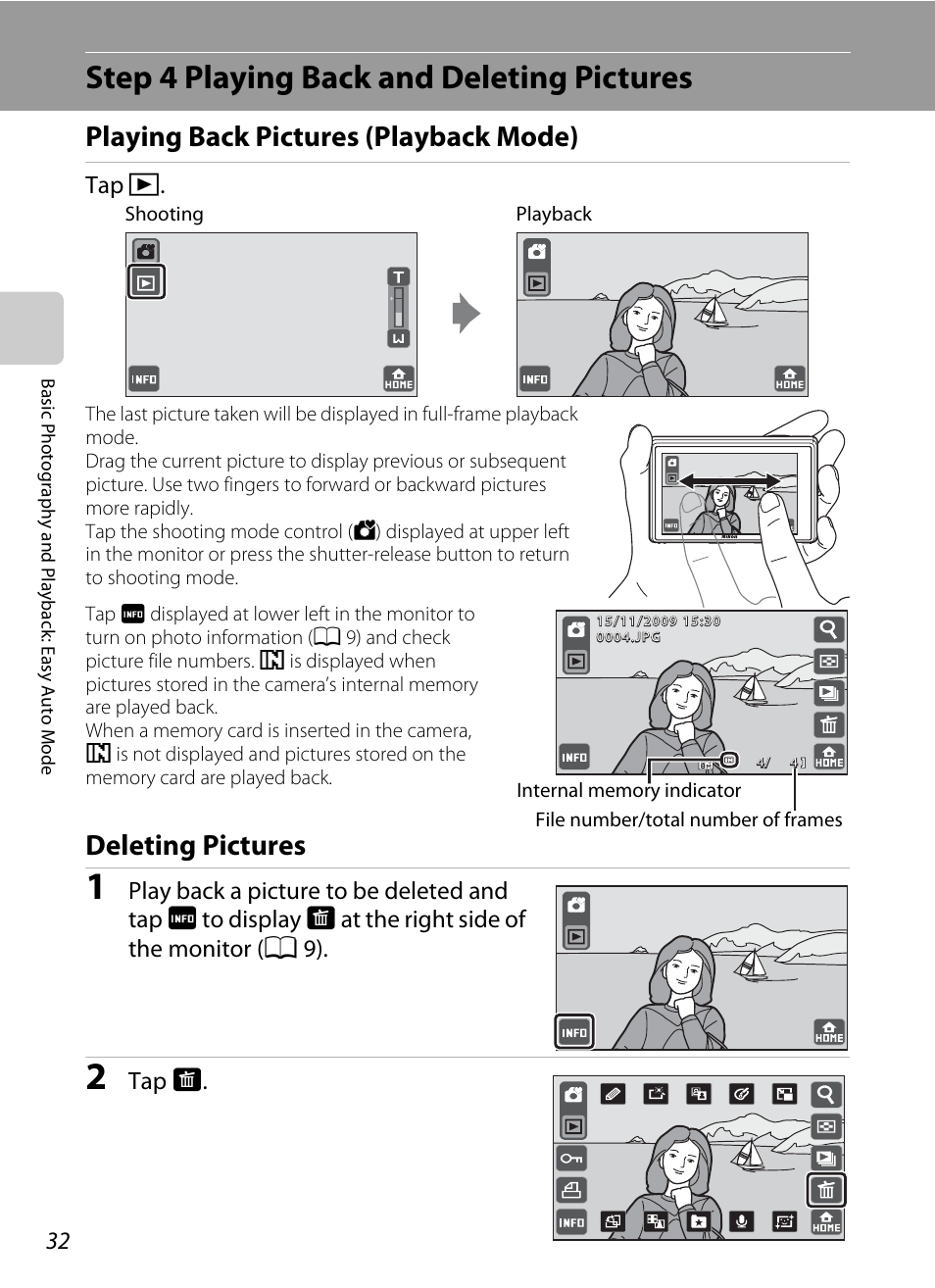 Step 4 playing back and deleting pictures, Playing back pictures (playback mode), Deleting pictures | Nikon S70 User Manual | Page 44 / 192