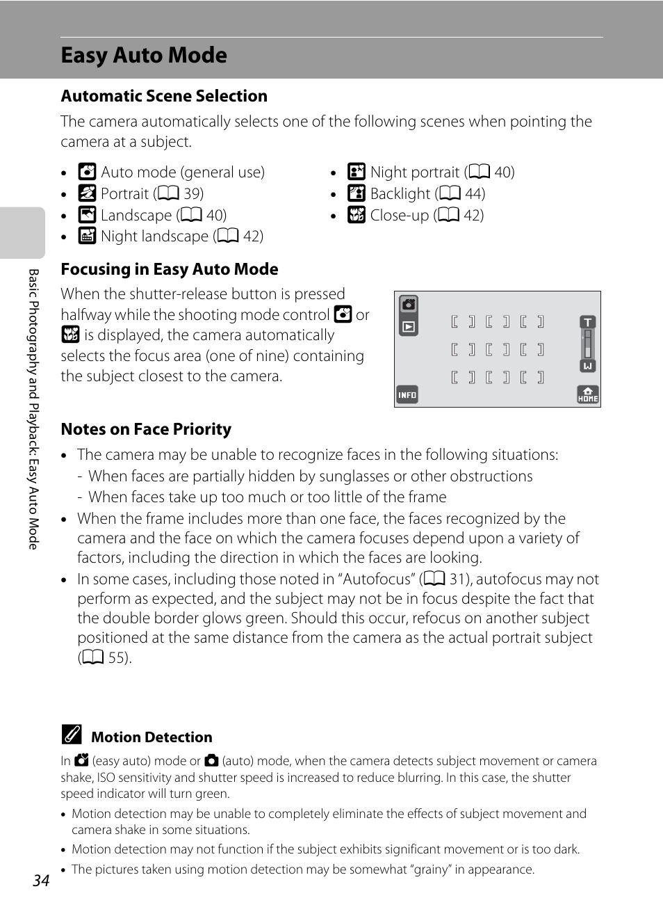 Easy auto mode, A 34) for, Ee “notes on face priority | A 34) | Nikon S70 User Manual | Page 46 / 192