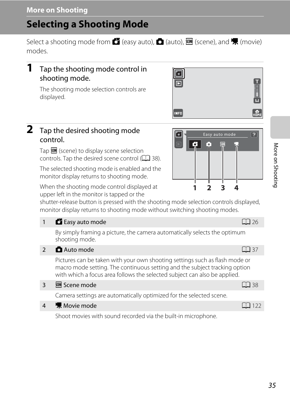 More on shooting, Selecting a shooting mode | Nikon S70 User Manual | Page 47 / 192