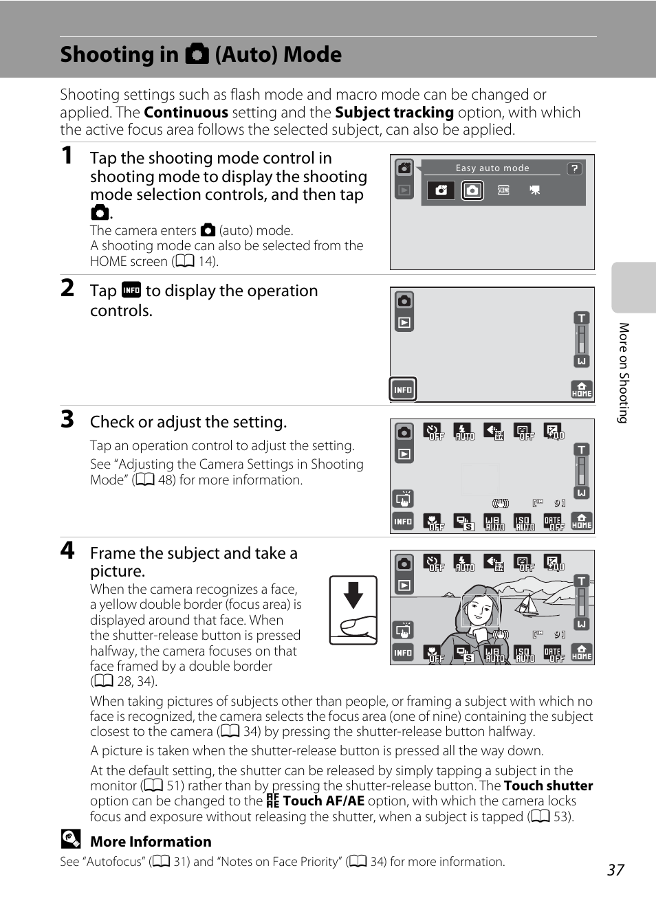 Shooting in auto mode, Shooting in a (auto) mode, A 37 | Nikon S70 User Manual | Page 49 / 192