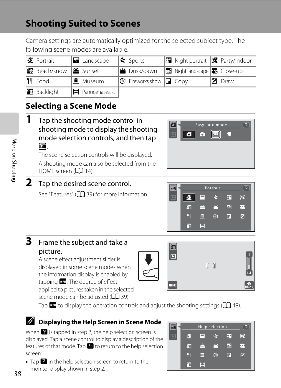 Shooting suited to scenes, Selecting a scene mode, A 38) | A 38 | Nikon S70 User Manual | Page 50 / 192