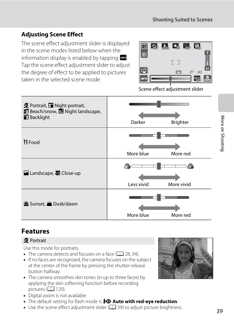 Features, A 39), E “features | A 39) for more, Adjusting scene effect | Nikon S70 User Manual | Page 51 / 192