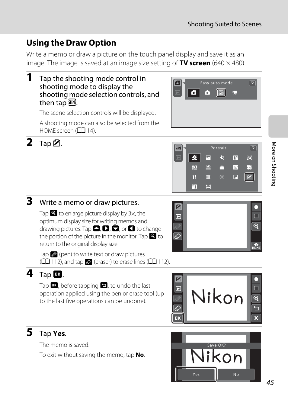 Using the draw option, A 45) for | Nikon S70 User Manual | Page 57 / 192