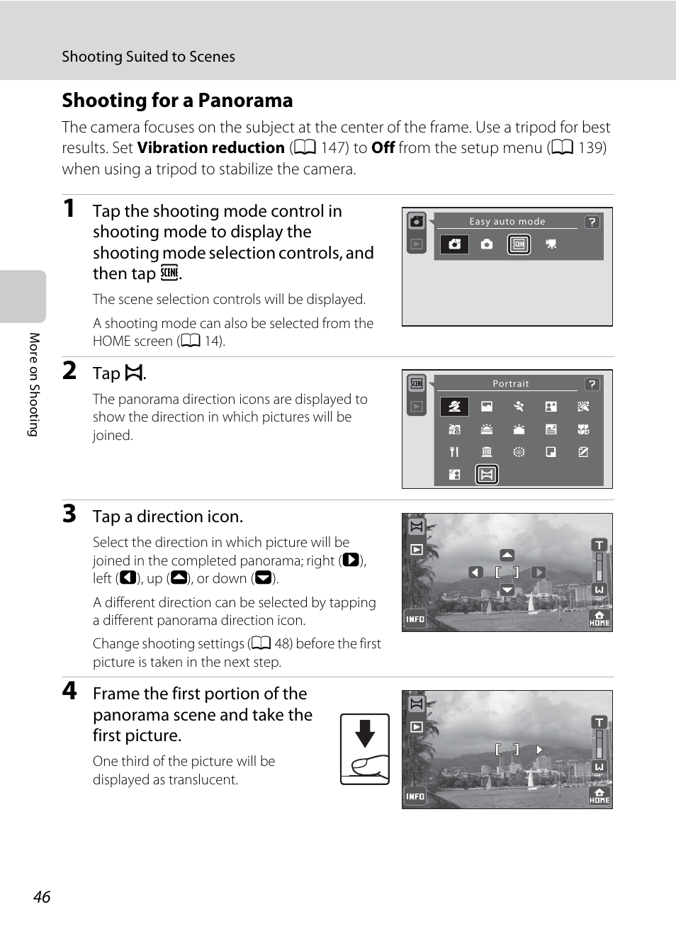 Shooting for a panorama, See “shooting for a panorama, A 46) for | Nikon S70 User Manual | Page 58 / 192