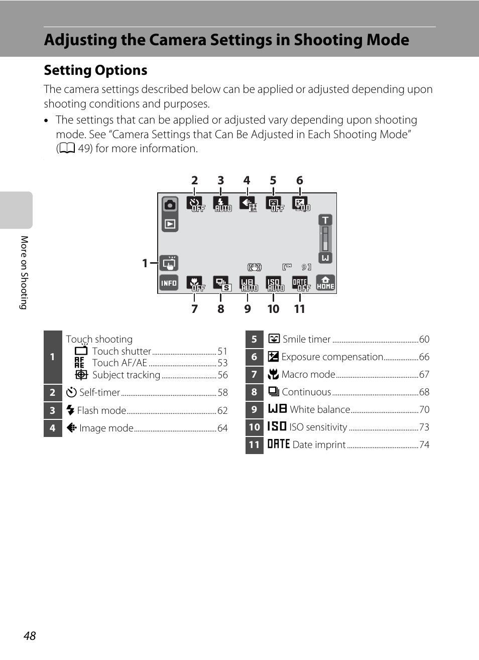 Adjusting the camera settings in shooting mode, Setting options, A 48) can | E “adjusting the camera settings in shooting mode, A 48) for, Shooting settings (a 48), Change shooting settings, A 48) before | Nikon S70 User Manual | Page 60 / 192