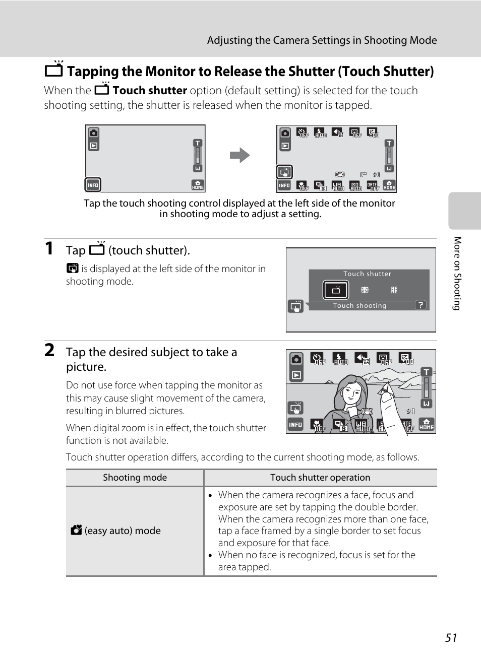 A 51), A 51) and touch af/ae, A 51) rat | Function (a 51), A 51, Tap k (touch shutter), Tap the desired subject to take a picture | Nikon S70 User Manual | Page 63 / 192